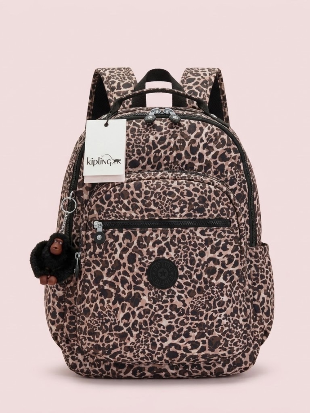 NWT Kipling Leopard Print Backpack with Gorilla Keychain